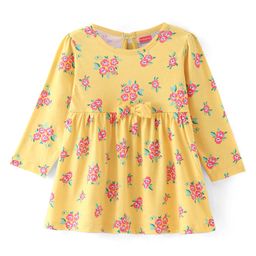 Babyhug Cotton Knit Full Sleeves Fit and Flare Frock With Floral Print & Bow Applique- Yellow-picture-15