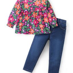 Babyhug Cotton Knit Full Sleeves Frill Detailed Top & Denim Pants Set With Floral Print - Multicolor-image-91