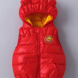 Kookie Kids Sleeveless Padded Hooded Jacket with Ears Applique & Duck Patch Detailing - Red-picture-21