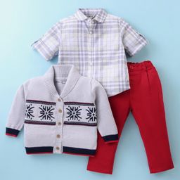 ToffyHouse 100% Cotton Knit Full Sleeves Winter Wear Checkered Shirt & Trouser Set with Intarsia Designed Sweater - Red-image-56