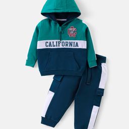 Babyhug Cotton Knit Full Sleeves Hooded Color Block T-Shirt & Lounge Pants Set With Text Print - Teal Blue-58