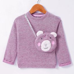 Little Kangaroos Knitted Full Sleeves Solid Colour Sweatshirt With Bear Shaped Sling Bag - Lilac-image-43