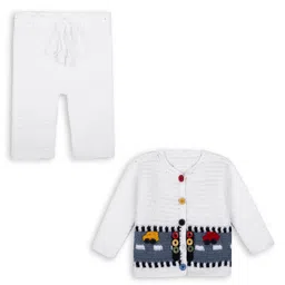Windrop Solutions Full Sleeves Cars Designed Crocheted Sweater With Solid Pant Set - White-picture-20
