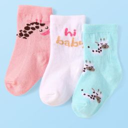 Cute Walk By Babyhug Anti-Bacterial Ankle Length Socks With Text & Aminal Design Pack Of 3 - Pink & Light Blue-image-31