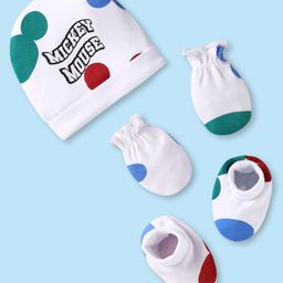 Babyhug Disney Interlock Knit Cap Mittens & Booties With Mickey Mouse Print - White-image-7