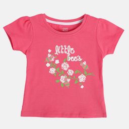MINI KLUB Cotton Half Sleeves Floral & Typography Printed Top - Pink-image-4