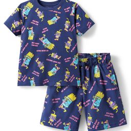 Pine Kids Single Jersey Knit Half Sleeves Shorts Night Suit With Snacks Print - Navy Blue-image-92