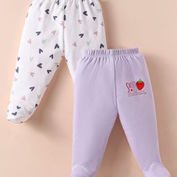 Ben Benny 100% Cotton Knit Full Length Footed Leggings with Hearts & Strawberry Print Pack of 2 - White & Lilac-image-85