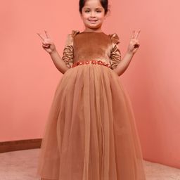 Toy Balloon Kids Net Half Sleeves Floral Applique Detailed Gown - Brown-image-56
