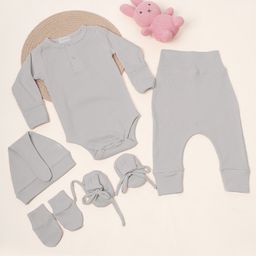 Mom's Home Organic Cotton Full Sleeves Solid Onesie With Joggers Cap Mittens & Booties Set - Grey-image-96