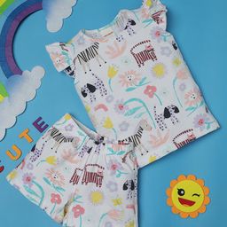 RAINE AND JAINE Cotton Knit Cap Sleeves Animals & Floral Printed Coordinating Tee & Shorts Set - White-image-87