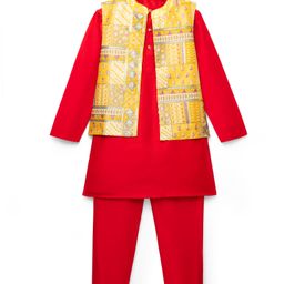 Pine Kids Woven Full Sleeves Mandarin Collar Kurta Pyjama Set With Embroidered Jacket - Red-image-2