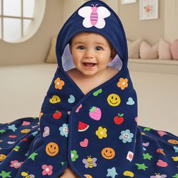 Babyhug Cotton Terry Knit Hooded Bath Towel with Butterfly & Fruits Print L 76 x B 76 cm - Navy Blue-image-88