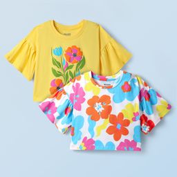 Honeyhap 100% Premium Cotton Bio Finish Half Flutter Sleeves Oversized Tops with Floral Print Pack of 2 - Bright White & Lemon Drop-image-9