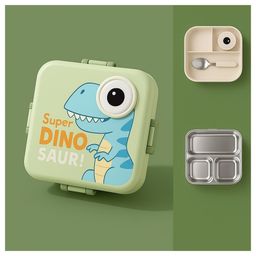KIDS BASIC Cute Dinosaur Cartoon Lunch Box for Kids , Double Layer Box, Stainless Steel Inner With Steel Spoon , 3 Compartments Green-23
