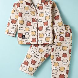 Enfance Core Cotton Woven Full Sleeves Teddy Face Printed Coordinating Night Suit Set - Brown-image-98
