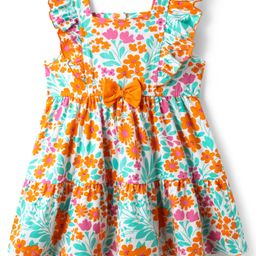Babyhug Cotton Knit Frilled Sleeves Frock with Bow Applique & Floral Print - Orange-image-40