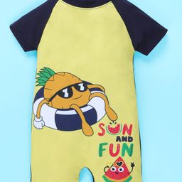 Kiddopanti Half Raglan Sleeves Pineapple & Watermelon Printed Legged Swimsuit - Navy Blue & Yellow-image-11