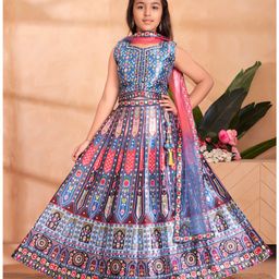 Aarika Silk Woven Sleeveless Floral Printed Mirror Work Detailed Lehenga Choli With Dupatta Set - Teal Blue-image-82