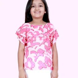 Kiddopanti Georgette Woven Half Sleeves Abstract Printed Pom Pom Embellished Top - Pink-picture-12