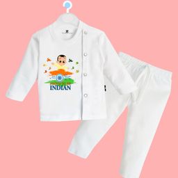 The Peppy Tend 100% Cotton Knit Independence Day Theme Full Sleeves Jai Hind Proud To Be Indian Text Printed Tee & Pant Set - White-image-45