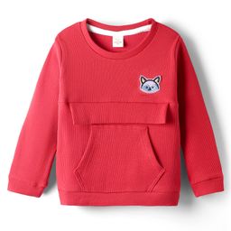 Olio Kids Knitted Full Sleeves Winter T-Shirt With Kangaroo Pockets & Fox Embroidery Patch - Red-picture-49