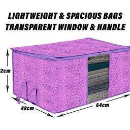Kuber Industries Underbed Storage Bag   Clothes Storage Organizer  Blanket Cover with Clear Window  Zipper Closure & Handle Cloth Organizer  Flower-Design  Large  Pack of 2  Purple image 3