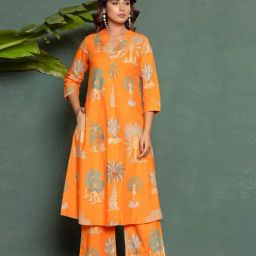 Autumnlane Orange Mika Apricot Print Regular Fit Kurta Pant Set-picture-4