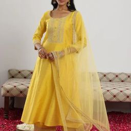Libas Yellow Chanderi Silk Regular Fit Ethnic Motifs Kurta Set-image-1