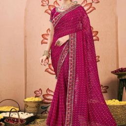 Satrani Pink Chiffon Printed Saree With Unstitched Blouse-image-25