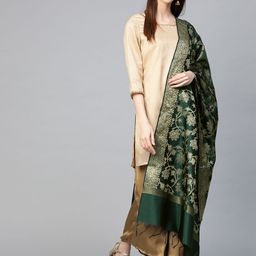 swatika Green & Golden Zari Woven Design Handloom Banarasi Dupatta-16
