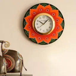 eCraftIndia Crystal Studded Floral Shape Wooden Handcrafted Wall Clock-28
