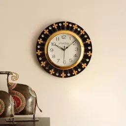 eCraftIndia Crystal and Geometric Blocks Studded Black Wooden Handcrafted Wall Clock-40
