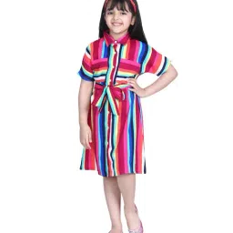 StyleStone Kids Multicolor Striped Dress with Belt-image-87