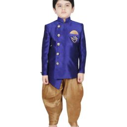 SG Yuvraj Kids Blue & Gold Textured Pattern Full Sleeves Sherwani Set-image-1