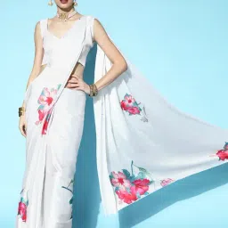 Blissta White Floral Print Saree With Unstitched Blouse-picture-6