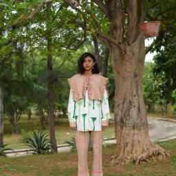 Khajoor Studio Pink & Green Sundaze Doll Striper Pants-image-49