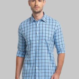 Parx Blue Cotton Slim Fit Checks Shirt-image-31