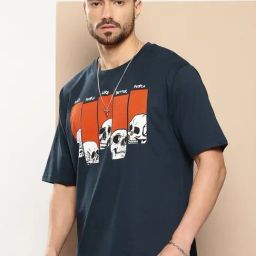 Difference of Opinion Blue Cotton Loose Fit Printed T-Shirt-image-18