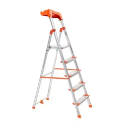 Pro Home 5 Steps Aluminium Ladder Front Step 163.83 cm Load Capacity 250 Kg With Platform & Tool Tray Orange-7