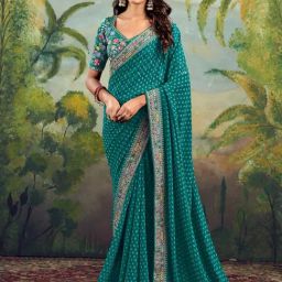Satrani Green Georgette Printed Saree With Unstitched Blouse-picture-49