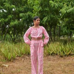 Khajoor Studio Pink & White Sundaze Meadow Smocked Trousers-image-47