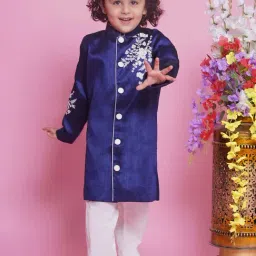 Little Bansi Kids Royal Blue & White Embroidered Full Sleeves Sherwani with Pyjamas-image-16