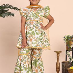 Cutiekins Girls Floral Printed V-Neck Gotta Patti A-Line Kurta With Sharara & Dupatta-picture-39