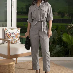 ELEVEN.O.ONE Women Shirt Collar Waist Tie-Ups Basic Jumpsuit-picture-12