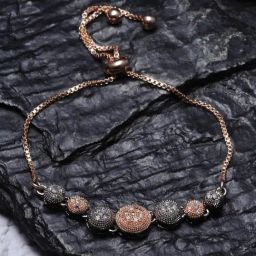Zeneme Rose Gold Plated Gunmetal Toned American Diamond Studded Link Bracelet-6
