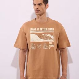 Hoversoul Light Brown Cotton Oversized Printed Half Sleeves Crew Neck T-Shirt-picture-26