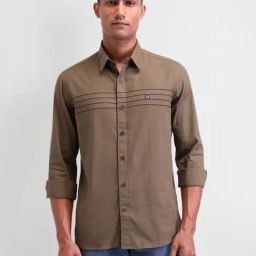 Arrow Sport Brown Cotton Slim Fit Striped Shirt-image-1