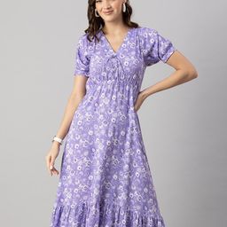 Moomaya Lavender Floral Print Midi Dress-image-1