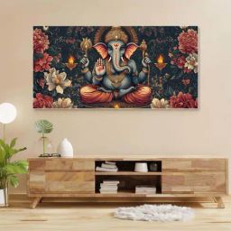 Nestroots Multicolor Canvas Lord Ganesha Divine Floral Wall Painting - White Floating Frame-9